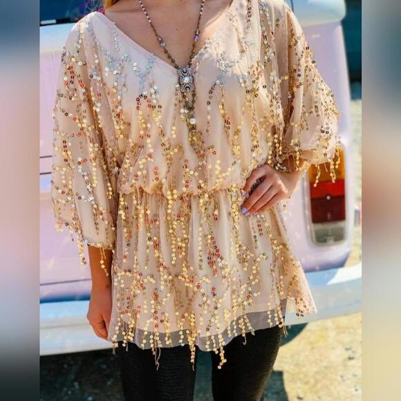 Southern Fried Chics Gold Sequin Tunic Top - SMALL - Picture 1 of 5